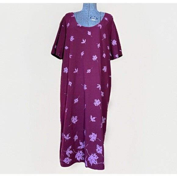 Y2K M. Mac Cotton Dress Maroon Pink Leaf Print 1X Vermont Country Store Comfy - Picture 1 of 8